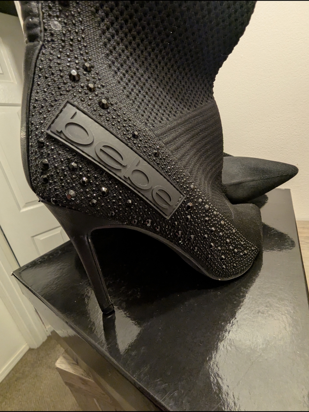 bebe Black Crystal-Embellished Pointed Stiletto Booties